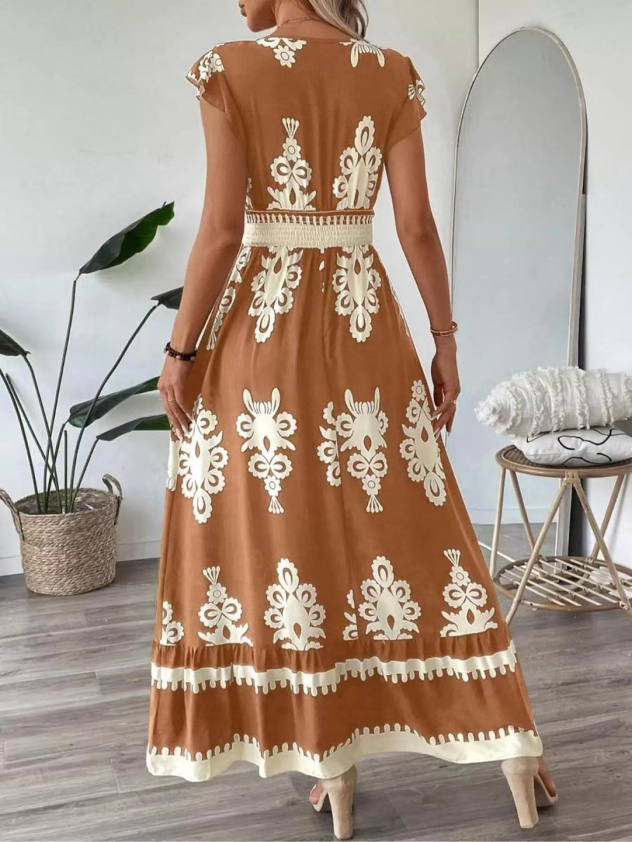 Printed V - Neck Ruffled Cap Sleeve Dress - CELIVINE