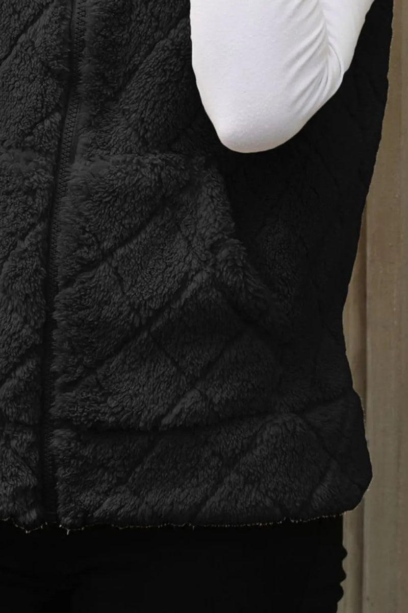 Fuzzy Plaid Texture Zip Up Vest Coat - CELIVINE