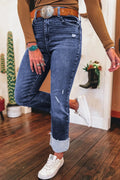 Folded Cuffs Distressed Straight High Waist Jeans - CELIVINE