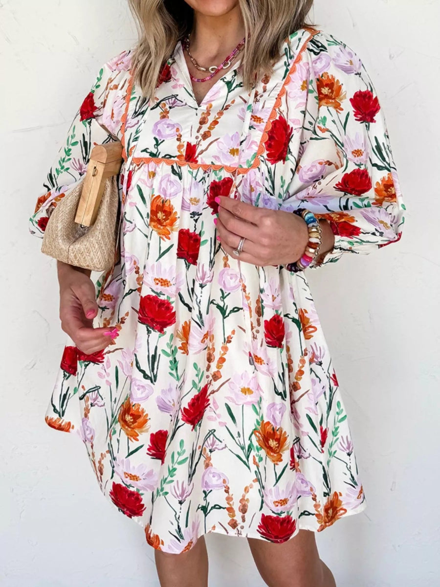 Floral Print 3/4 Sleeve Mini Dress - CELIVINE