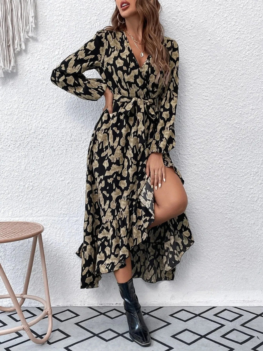 Leopard Surplice Balloon Sleeve Dress - CELIVINE