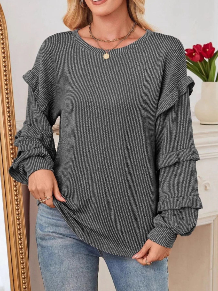 Ruffled Round Neck Long Sleeve Sweatshirt - CELIVINE