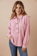 Pocketed Half Button Long Sleeve Sweatshirt - CELIVINE