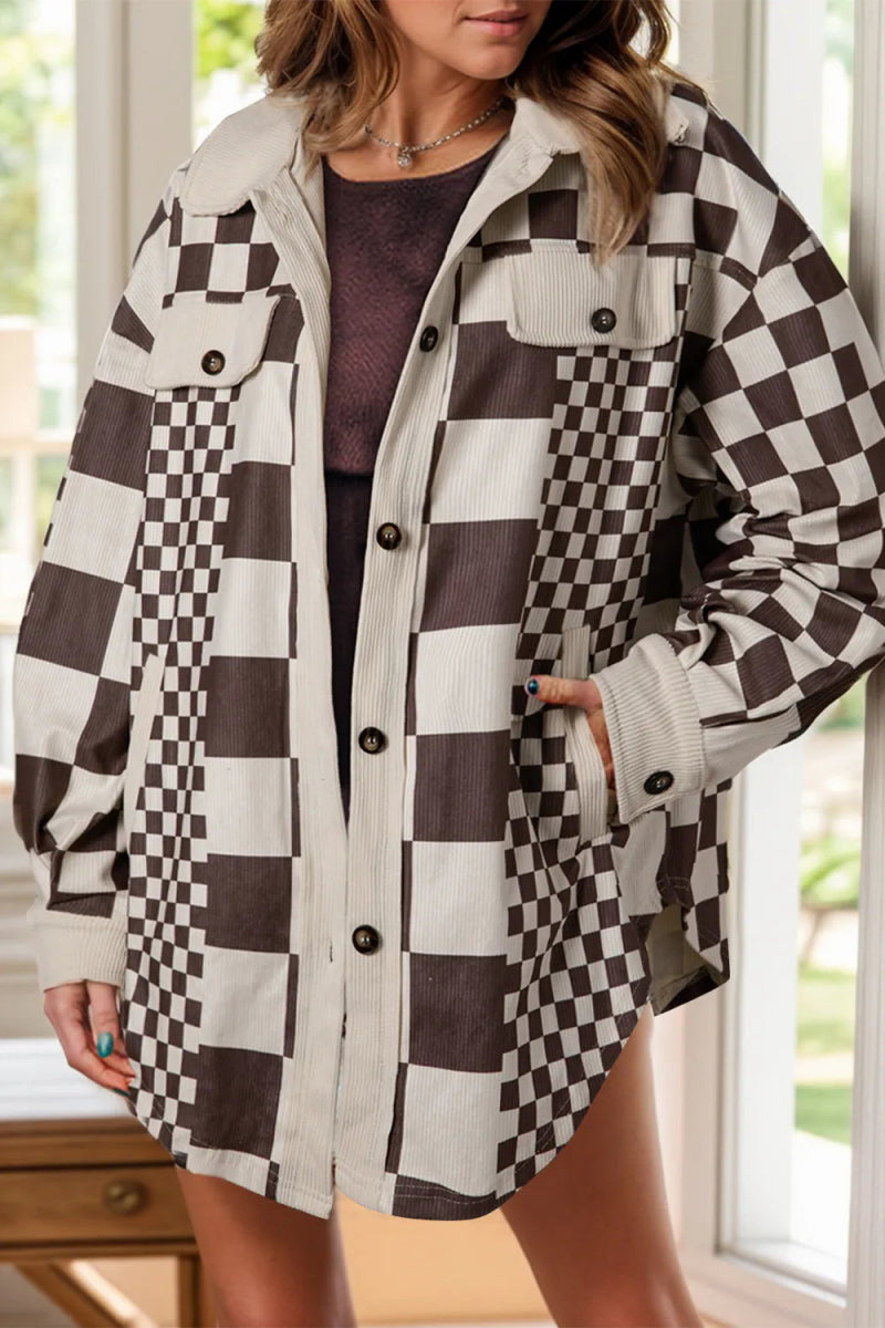 Pocketed Checkered Button Up Long Sleeve Jacket - CELIVINE