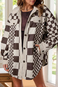 Pocketed Checkered Button Up Long Sleeve Jacket - CELIVINE