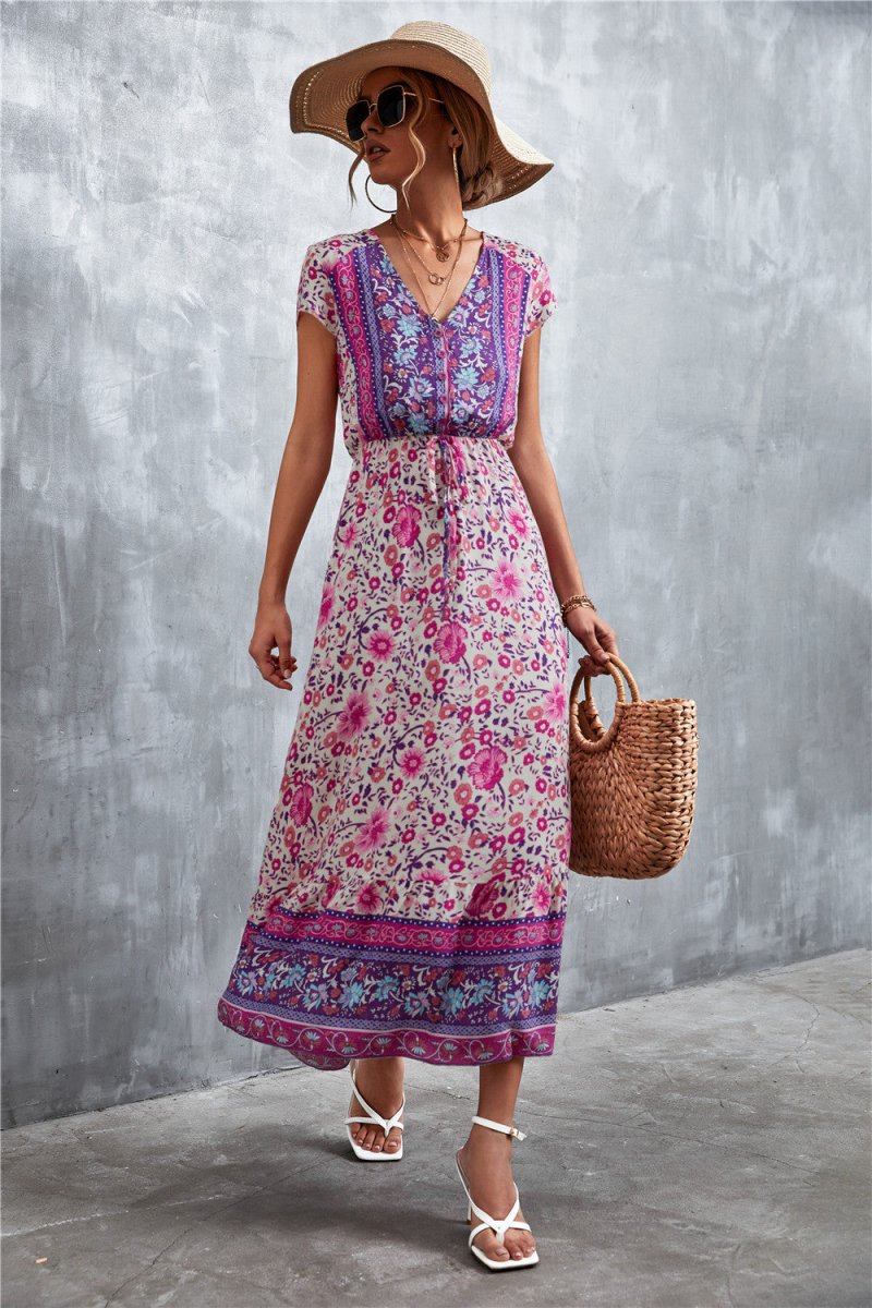 V - Neck Short Sleeve Printed Maxi Dress - CELIVINE