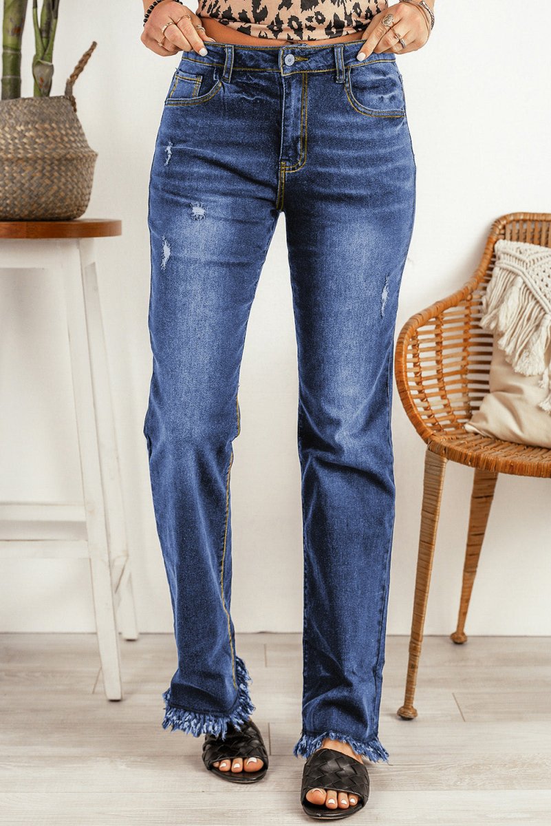 Ripped Frayed Hem Jeans - CELIVINE