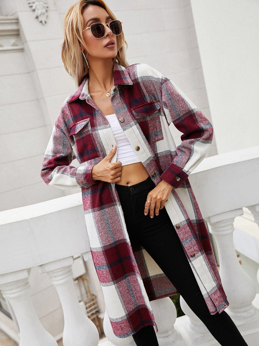 Plaid Longline Shirt Jacket - CELIVINE