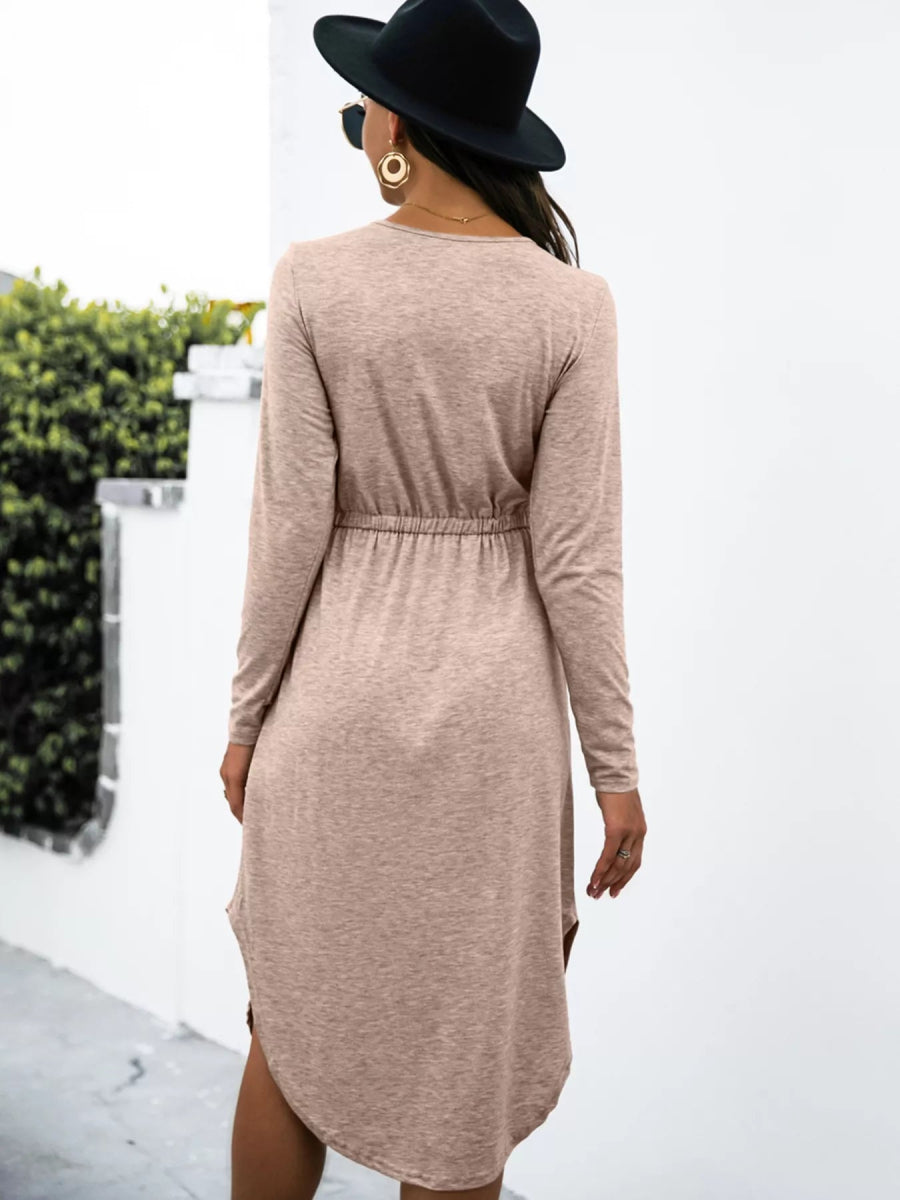 Drawstring Waist Long Sleeve Casual Dress - CELIVINE