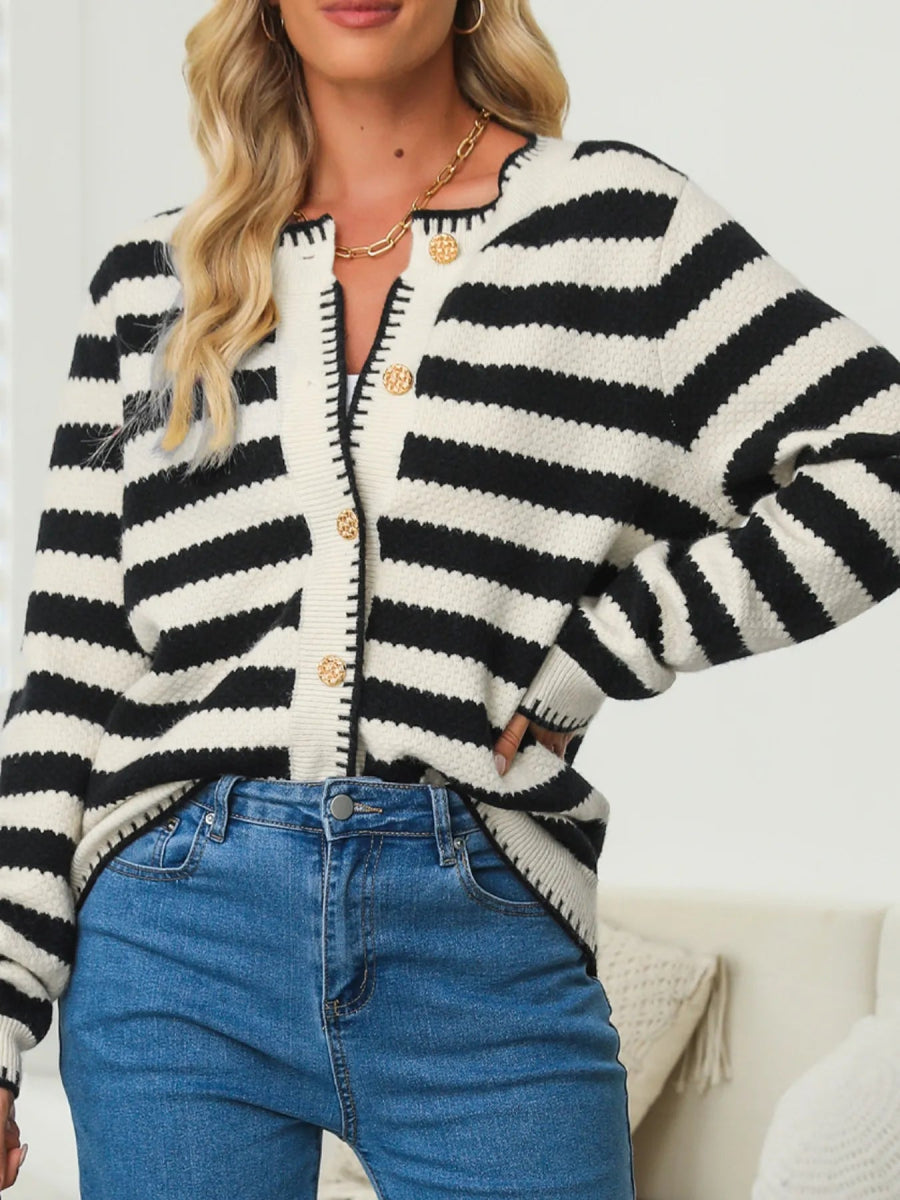 Button Down Striped Long Sleeve Cardigan - CELIVINE