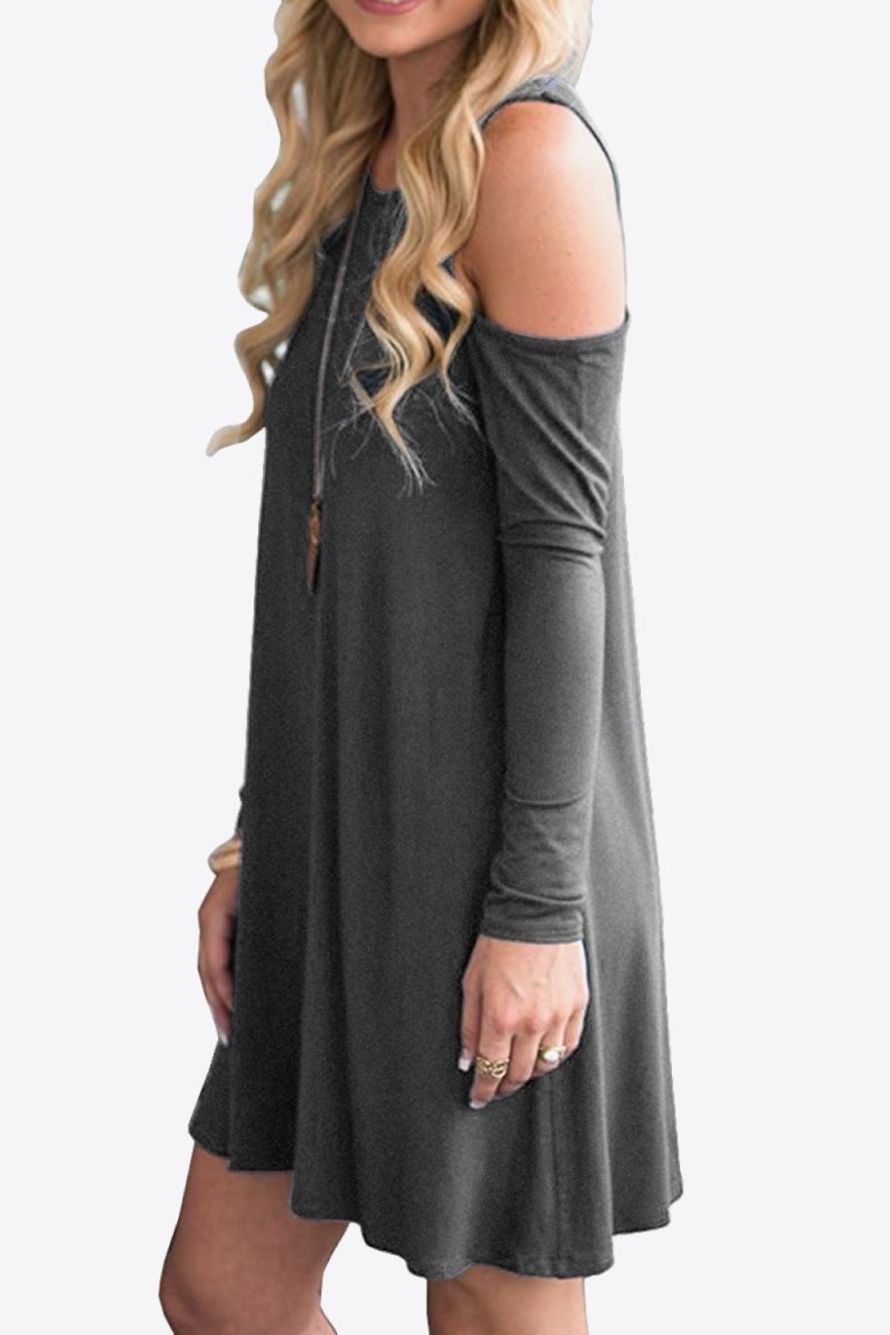 Cold - Shoulder Long Sleeve Round Neck Dress - CELIVINE