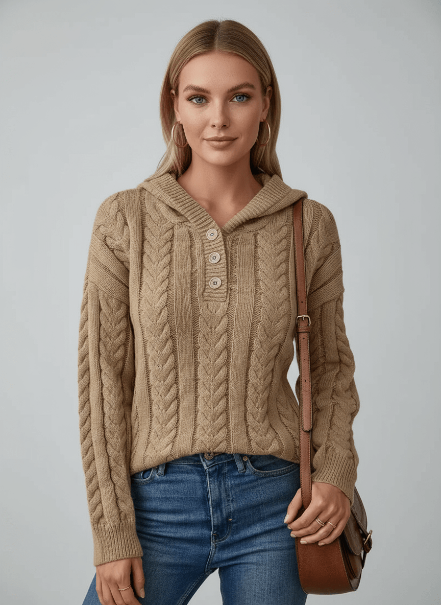 Cable - Knit Long Sleeve Hooded Sweater - CELIVINE