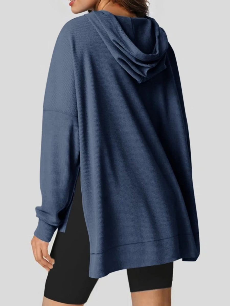 Slit Drawstring Waffle Knit Hoodie - CELIVINE