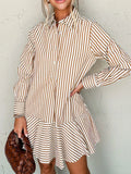 Stripe Ruffled Hem Collared Long Sleeve Shirt Mini Dress - CELIVINE