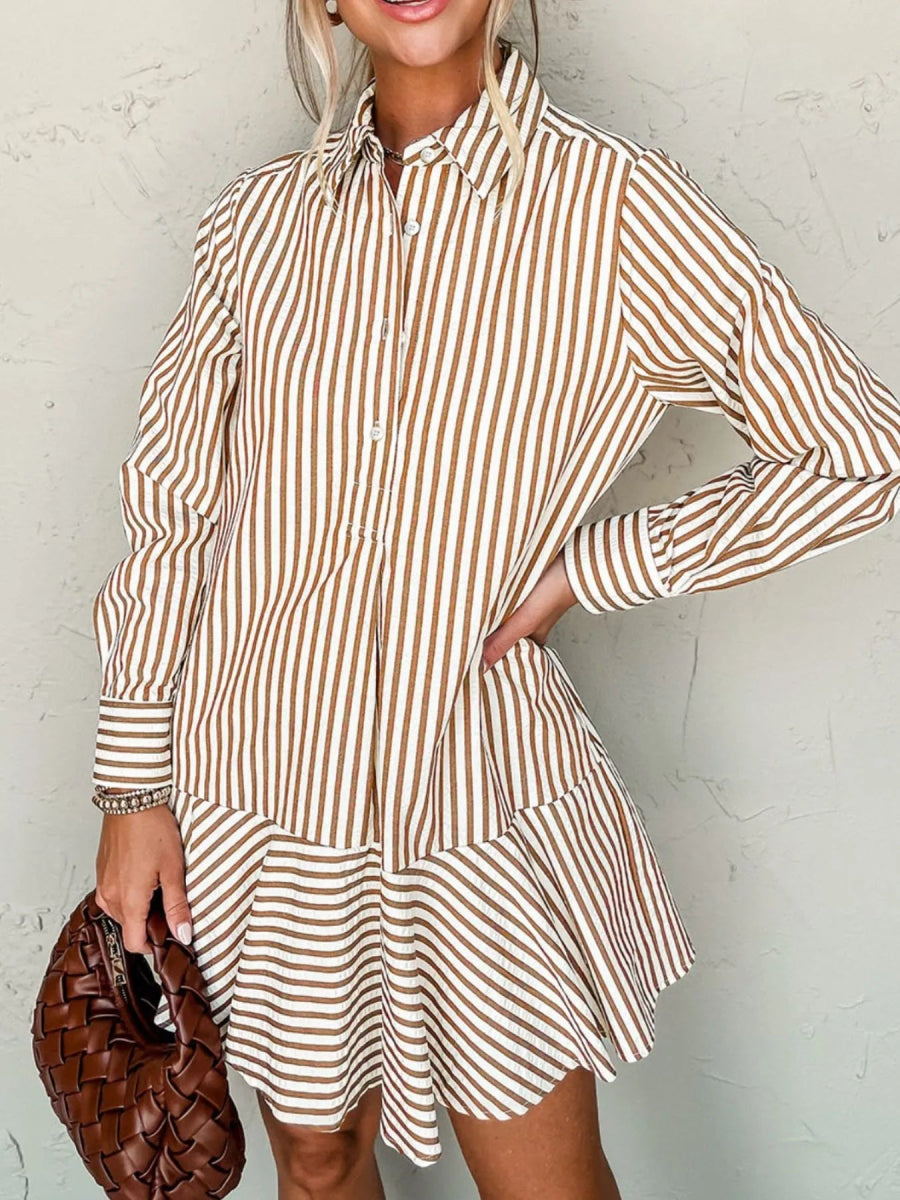 Stripe Ruffled Hem Collared Long Sleeve Shirt Mini Dress - CELIVINE