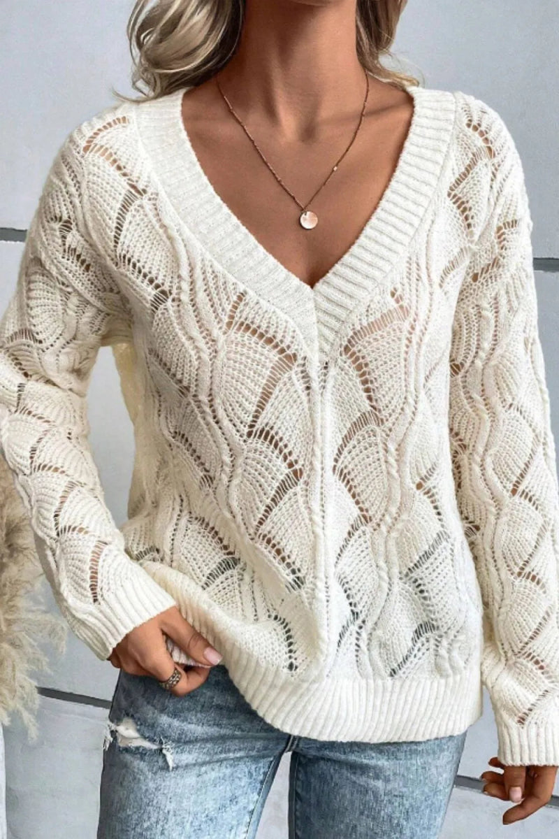 Openwork V - Neck Long Sleeve Sweater - CELIVINE