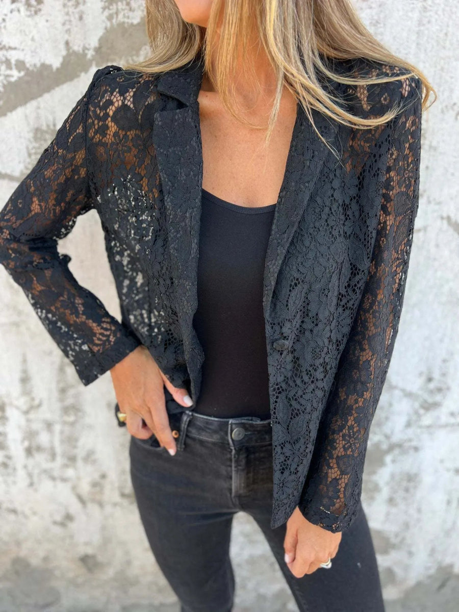 Full Size Lace Open - Front Blazer Plus Size - CELIVINE