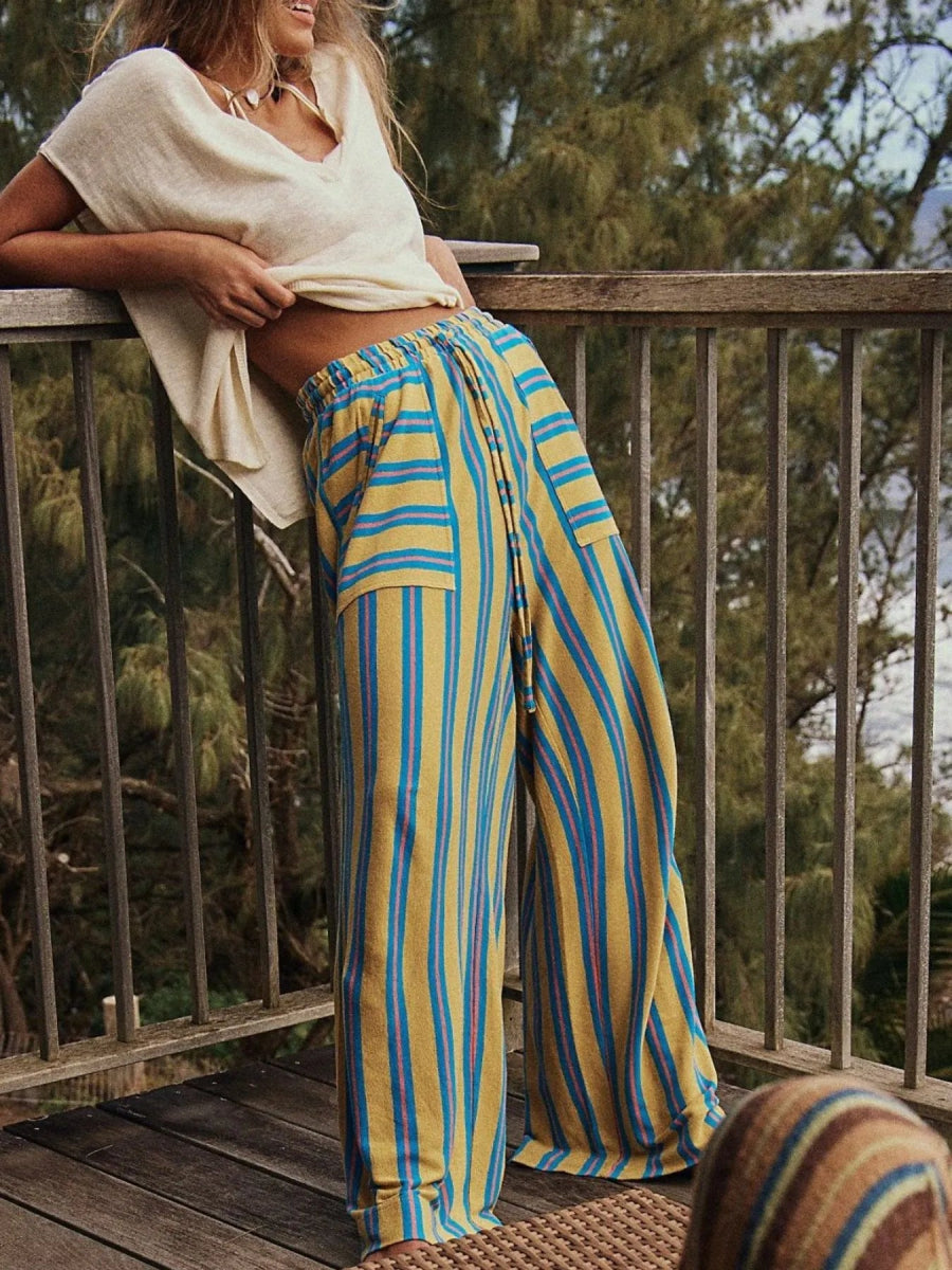 Striped Wide - Leg Drawstring Pants - CELIVINE