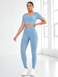 Round Neck Short Sleeve Top and Leggings Active Set - CELIVINE