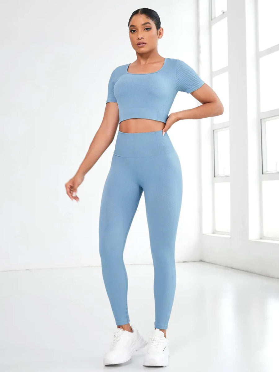 Round Neck Short Sleeve Top and Leggings Active Set - CELIVINE