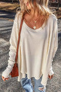 Exposed Seam Round Neck Long Sleeve Blouse - CELIVINE