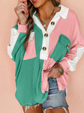 Color Block Button Front Collared Neck Sweatshirt - CELIVINE