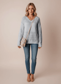 Eyelet Detail V - Neck Long Sleeve Sweater - CELIVINE