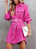 Button Front Belt Long Sleeve Corduroy Dress - CELIVINE