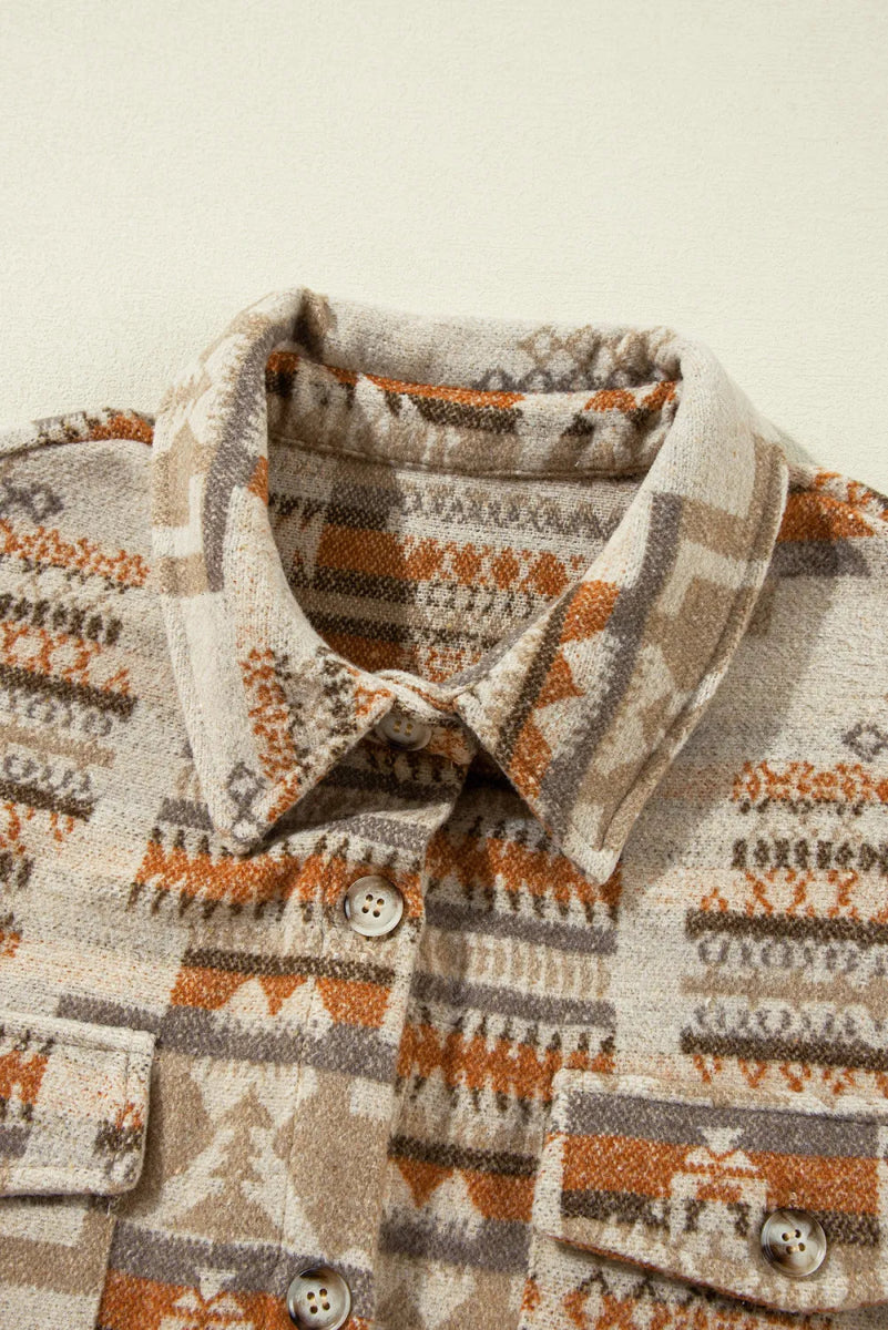 Plus Size Geometric Collared Neck Long Sleeve Jacket - CELIVINE