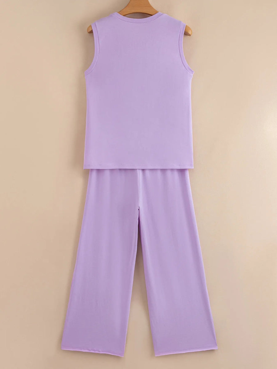 Mineral Wash Casual Round Neck Tank and Loose Drawstring Pants Set - CELIVINE