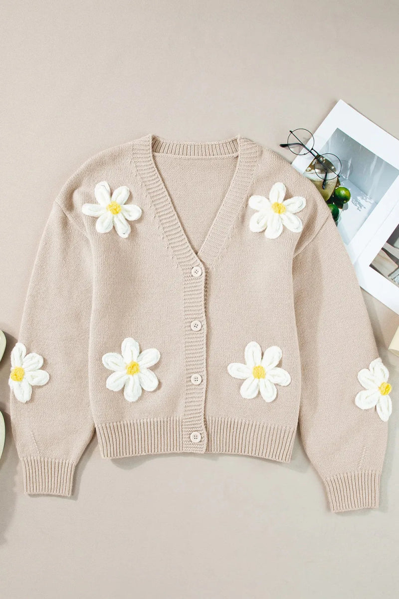 Flower Dropped Shoulder Long Sleeve Cardigan - CELIVINE