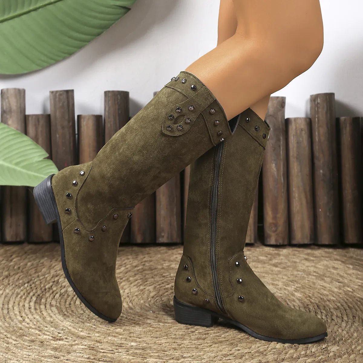 Studded Mid - Calf Boots with Side Zipper Closure - CELIVINE