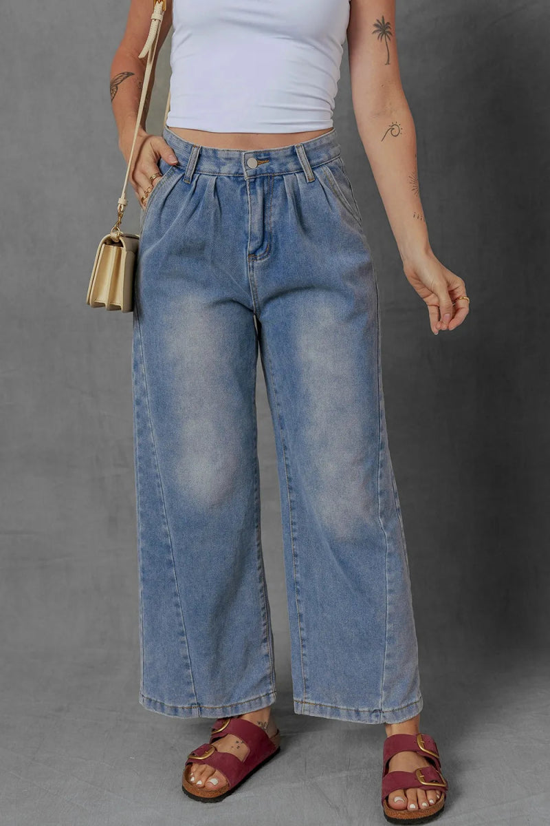 High - Waist Wide Leg Pleated Denim Jeans - CELIVINE