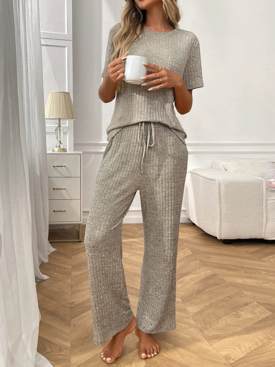 Ribbed Knit Short Sleeve Top and Pants Lounge Set - CELIVINE
