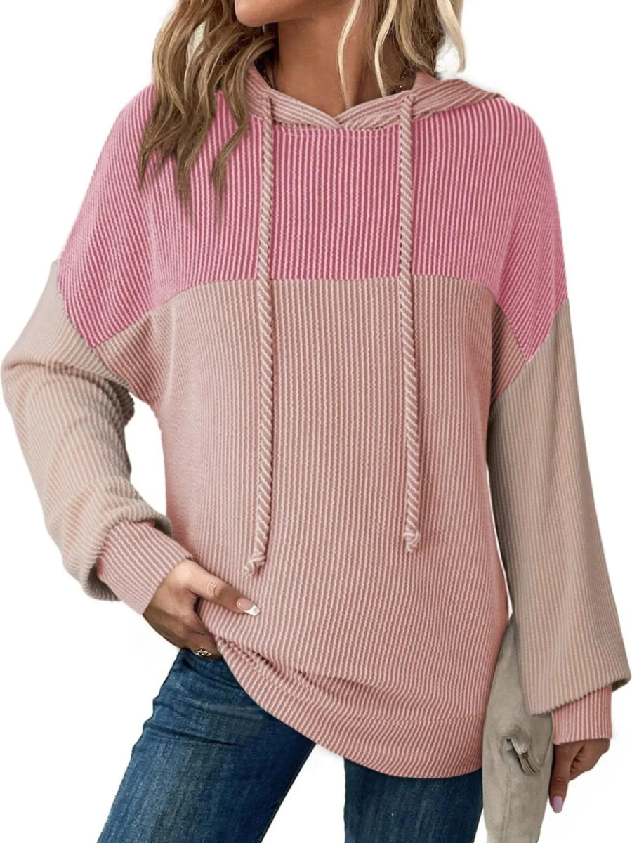 Drawstring Color Block Long Sleeve Hoodie - CELIVINE