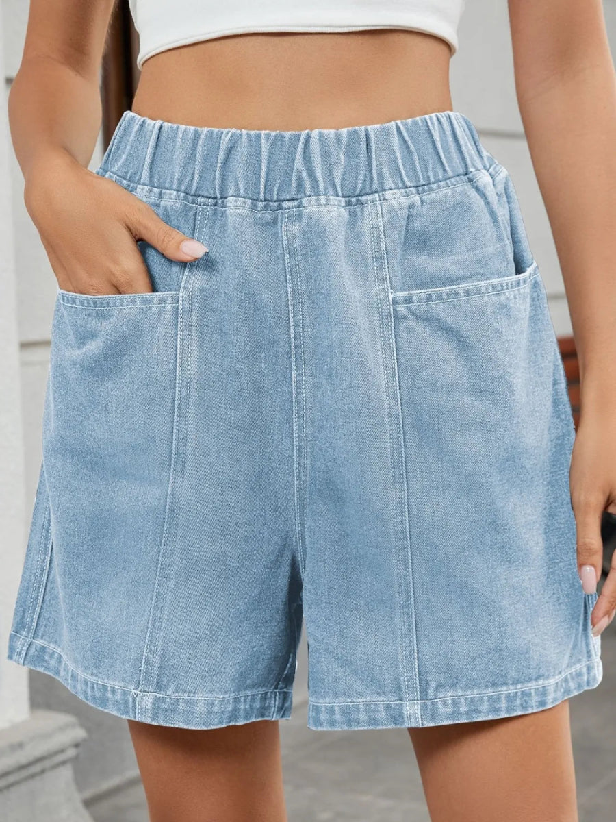 Elastic Waist Denim Shorts - CELIVINE