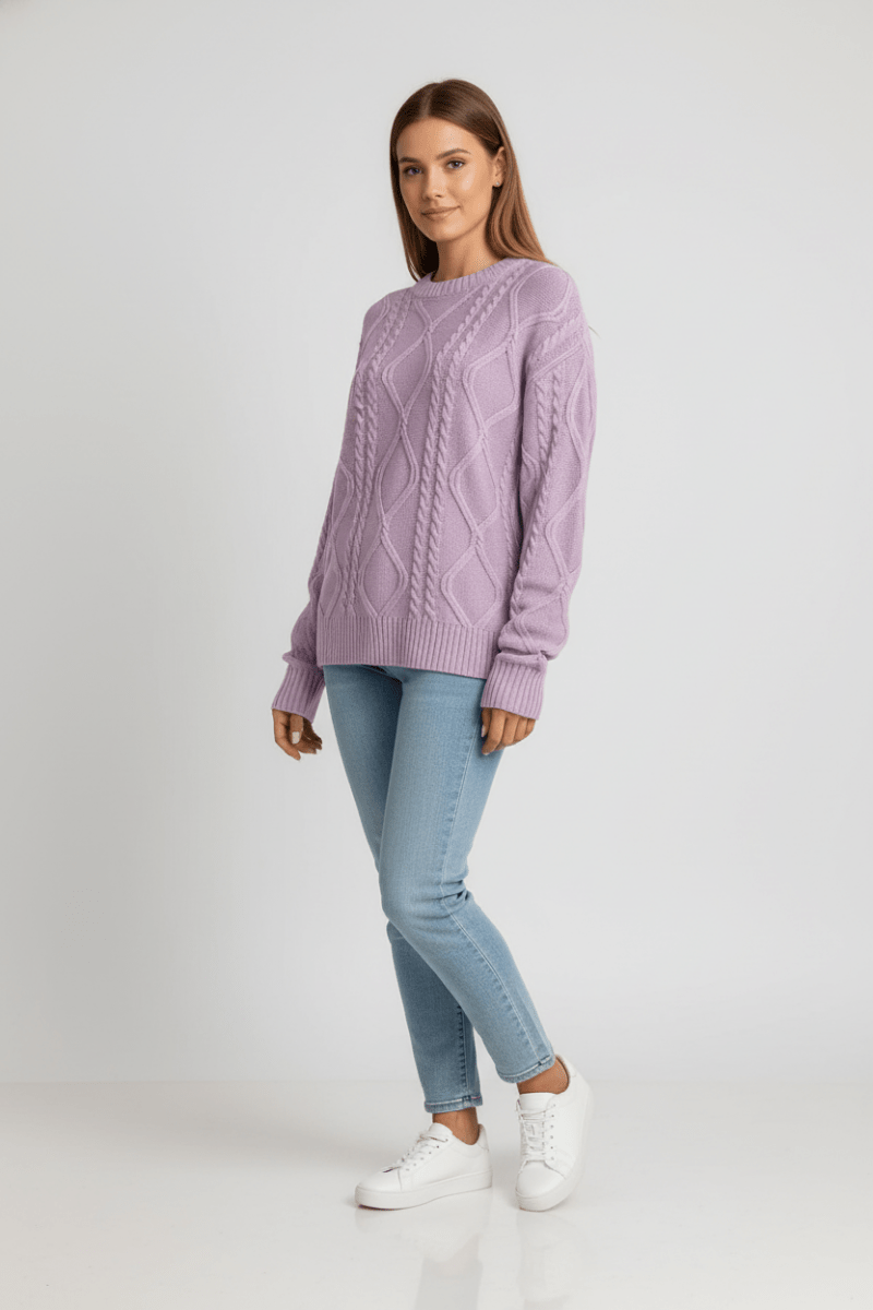 Cable Knit Round Neck Long Sleeve Sweater - CELIVINE