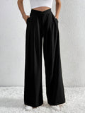 V - Waisted Ruched Front Wide Leg Pants - CELIVINE