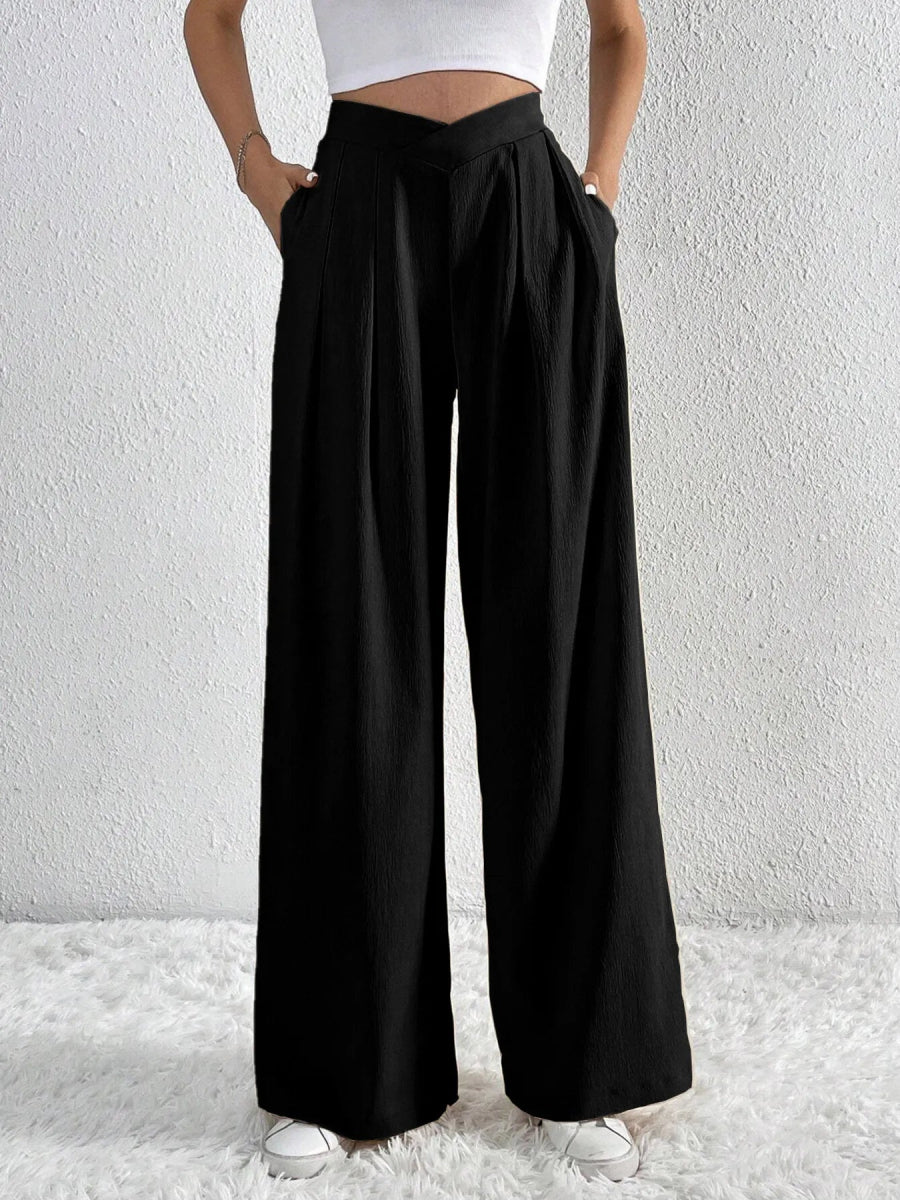 V - Waisted Ruched Front Wide Leg Pants - CELIVINE