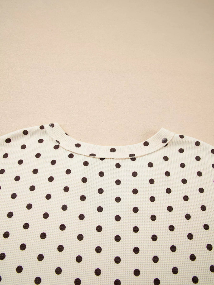 Polka Dot Notched Long Sleeve Top and Drawstring Joggers Lounge Set - CELIVINE