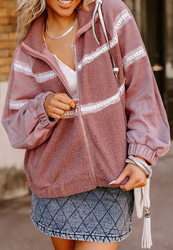 Lace Detail Zip Up Sherpa Patchwork Jacket - CELIVINE