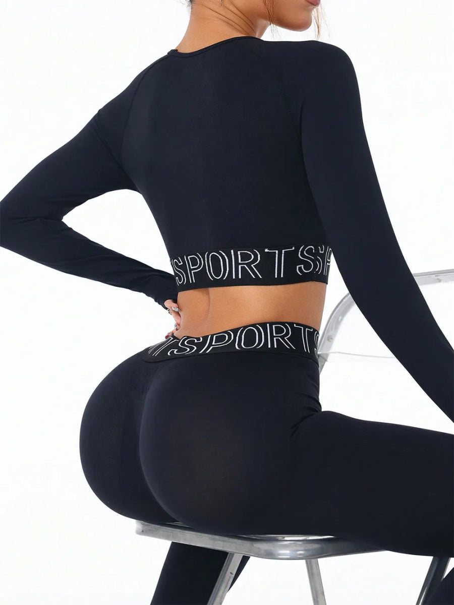 Letter Print Round Neck Long Sleeve Top and Leggings Active Set - CELIVINE