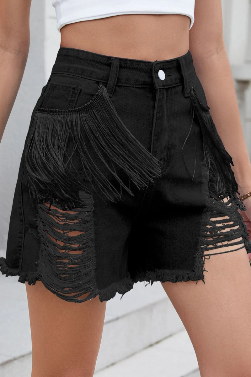 Distressed Fringe Denim Shorts - CELIVINE