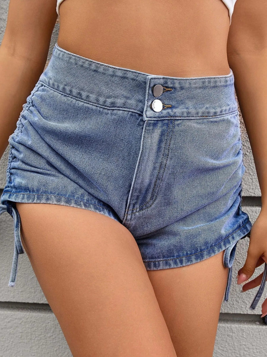 Ruched Side Drawstring Denim Shorts - CELIVINE