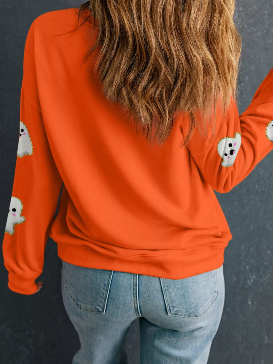 Halloween Ghost Patched Pattern Holiday Sweatshirt - CELIVINE