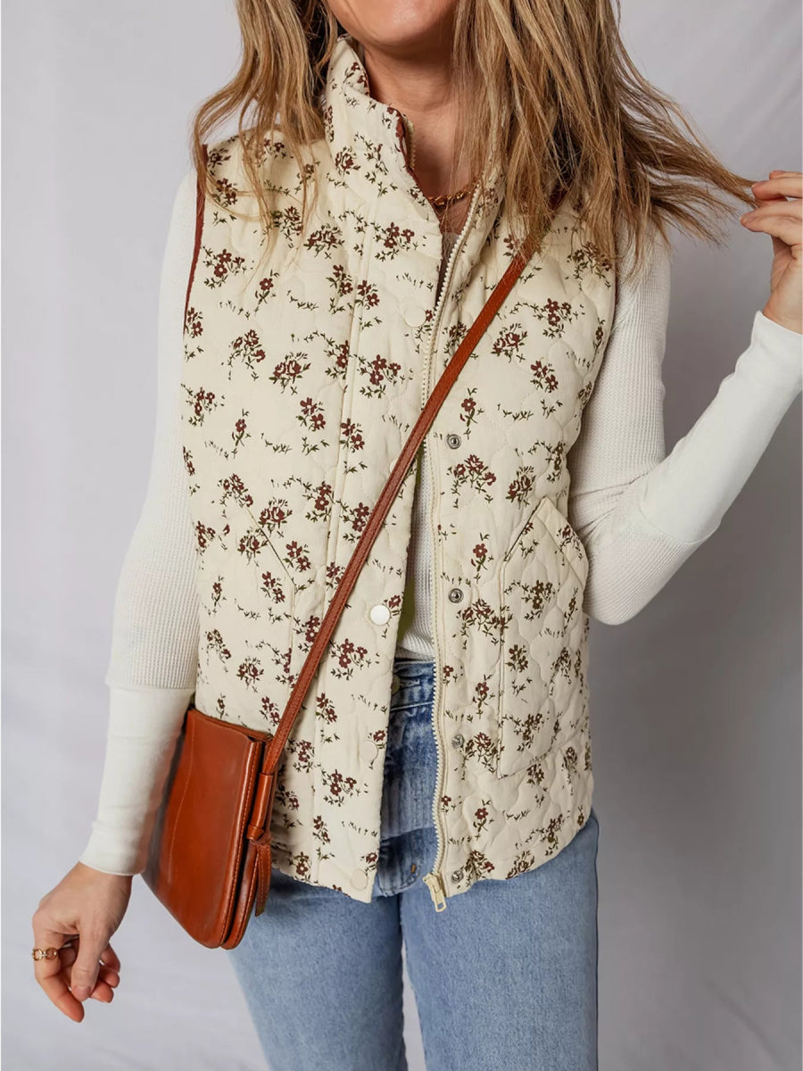 Floral Print Zip Up Quilted Vest - CELIVINE