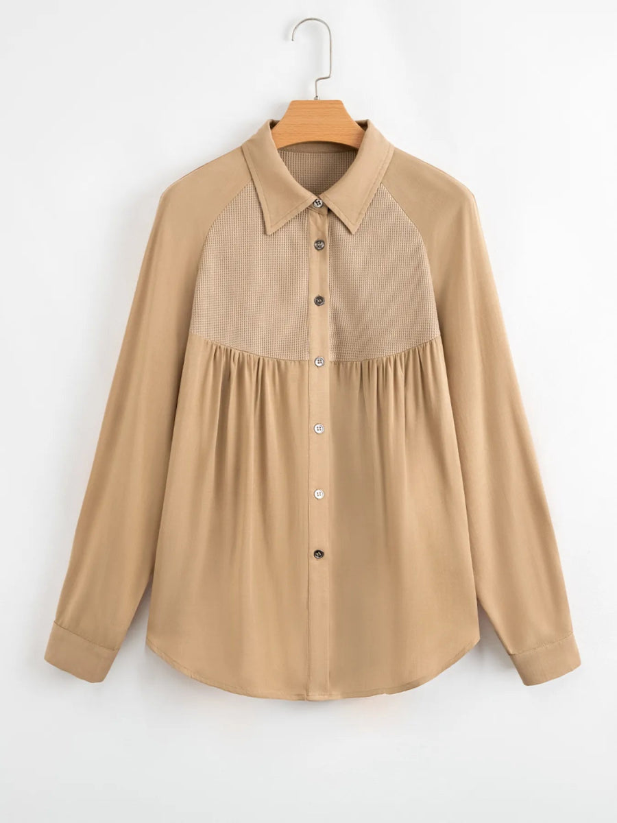 Waffle Patchwork Button Up Frayed Hem Shirt - CELIVINE