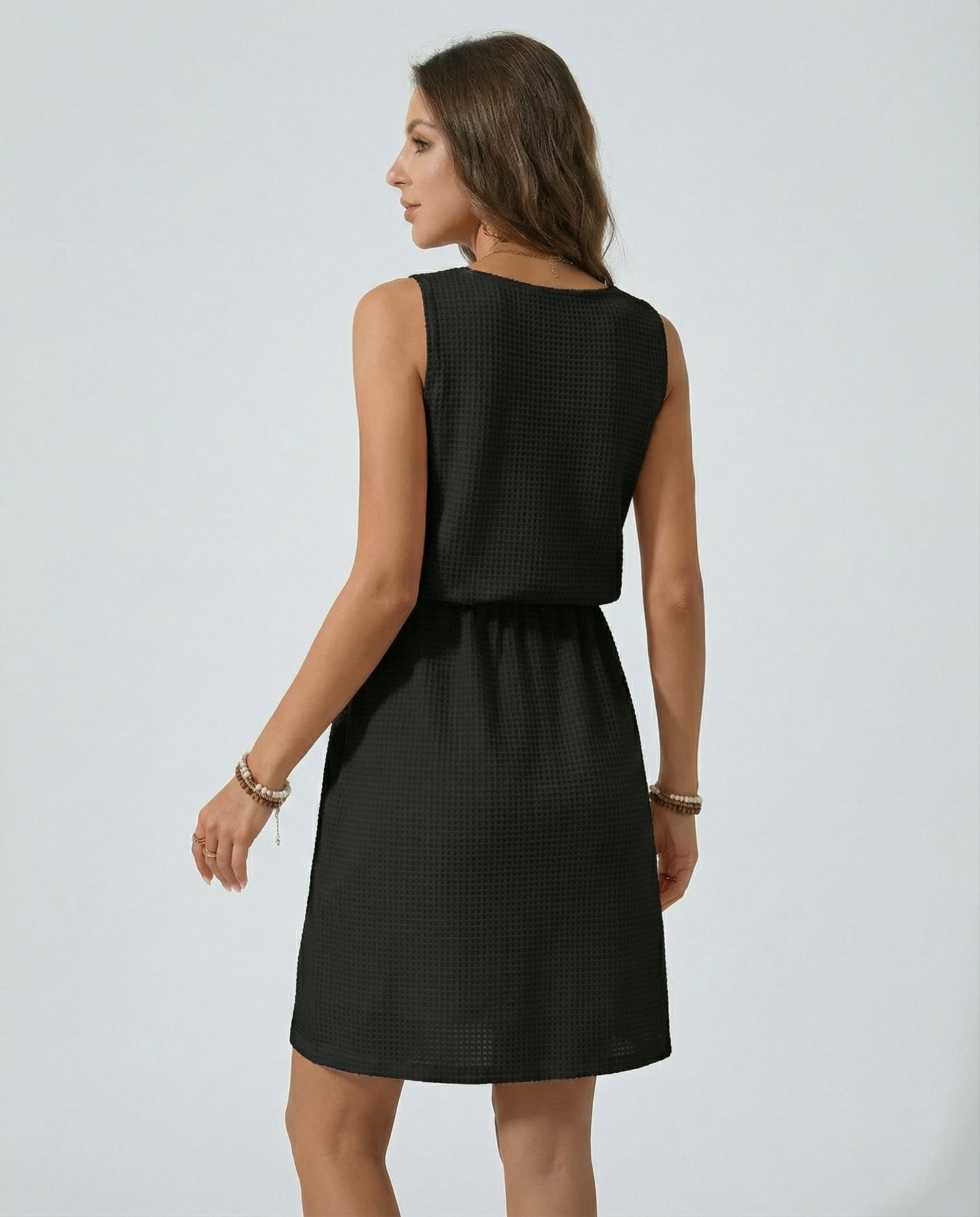 Waffle - Knit Drawstring Mini Tank Dress - CELIVINE