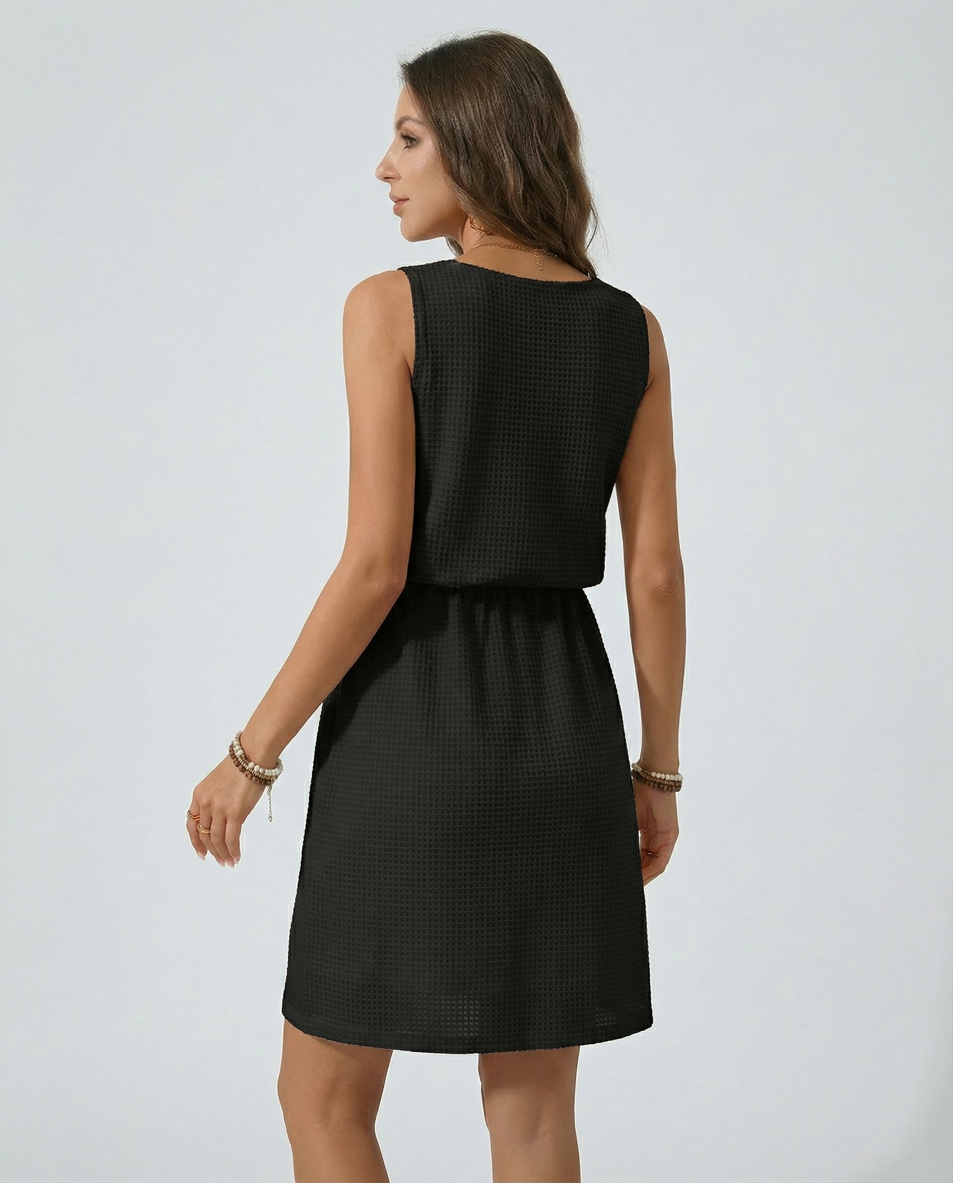 Waffle - Knit Drawstring Mini Tank Dress - CELIVINE