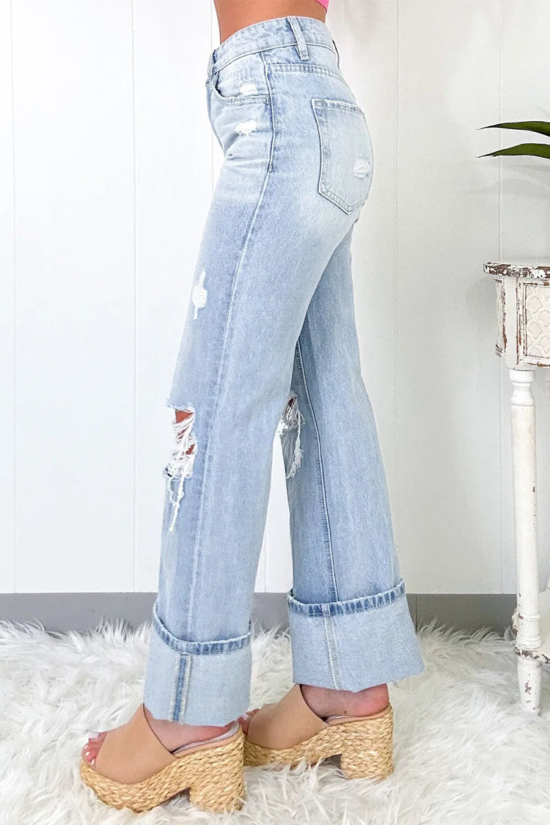 Distressed High Waist Jeans with Pockets - CELIVINE